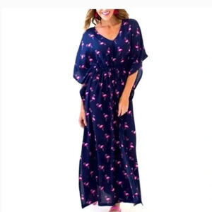 Agnes & Dora Kaftan Maxi Dress Blue Pink Flamingo Pattern Drawstring Waist